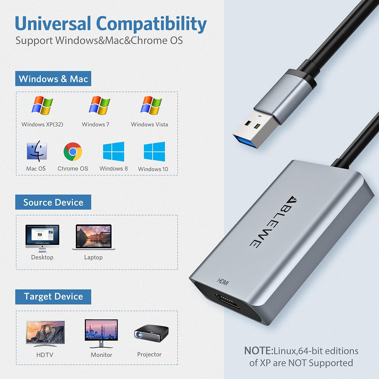 ABLEWE USB 3.0 to HDMI Adapter, Upgraded Aluminum HDMI to USB Audio Video Graphics Converter Cable for PC Laptop Monitor Projector Desktop TV,Support Mac OS,Windows 10/8.1/8/7 - Image 7