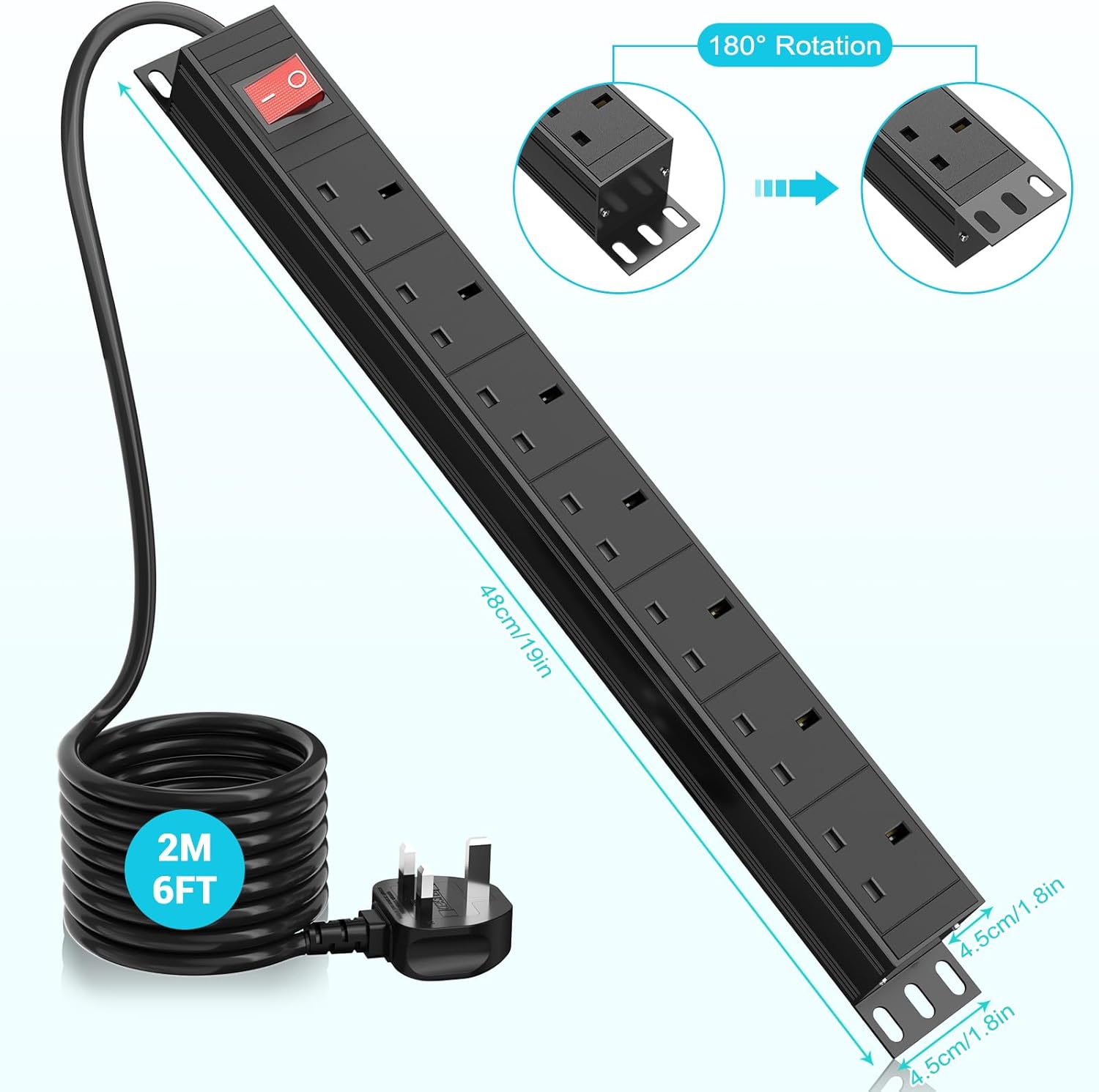 7 Way Extension Lead Power Strip with Surge Protection, 19 inch Rack Mount Power Strip, Wall Mount Power Socket with Metal Housing, 1,8M Cable - Image 7