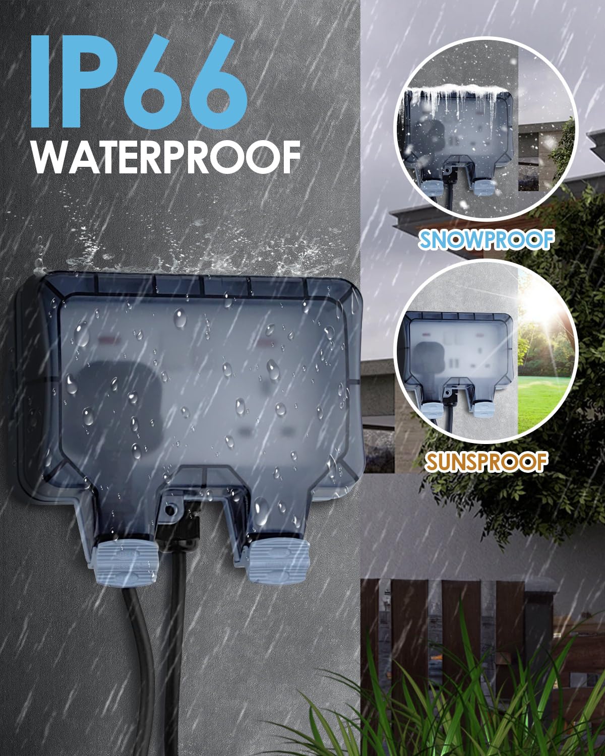 Double Outdoor Socket 10M Extension Lead, Outdoor Plug Sockets Waterproof IP66, 13Amp 2 Gang Outside Plug Socket Waterproof, Switch Indicator Light Garden Wall Electrical Outlet Cover Box - Image 4
