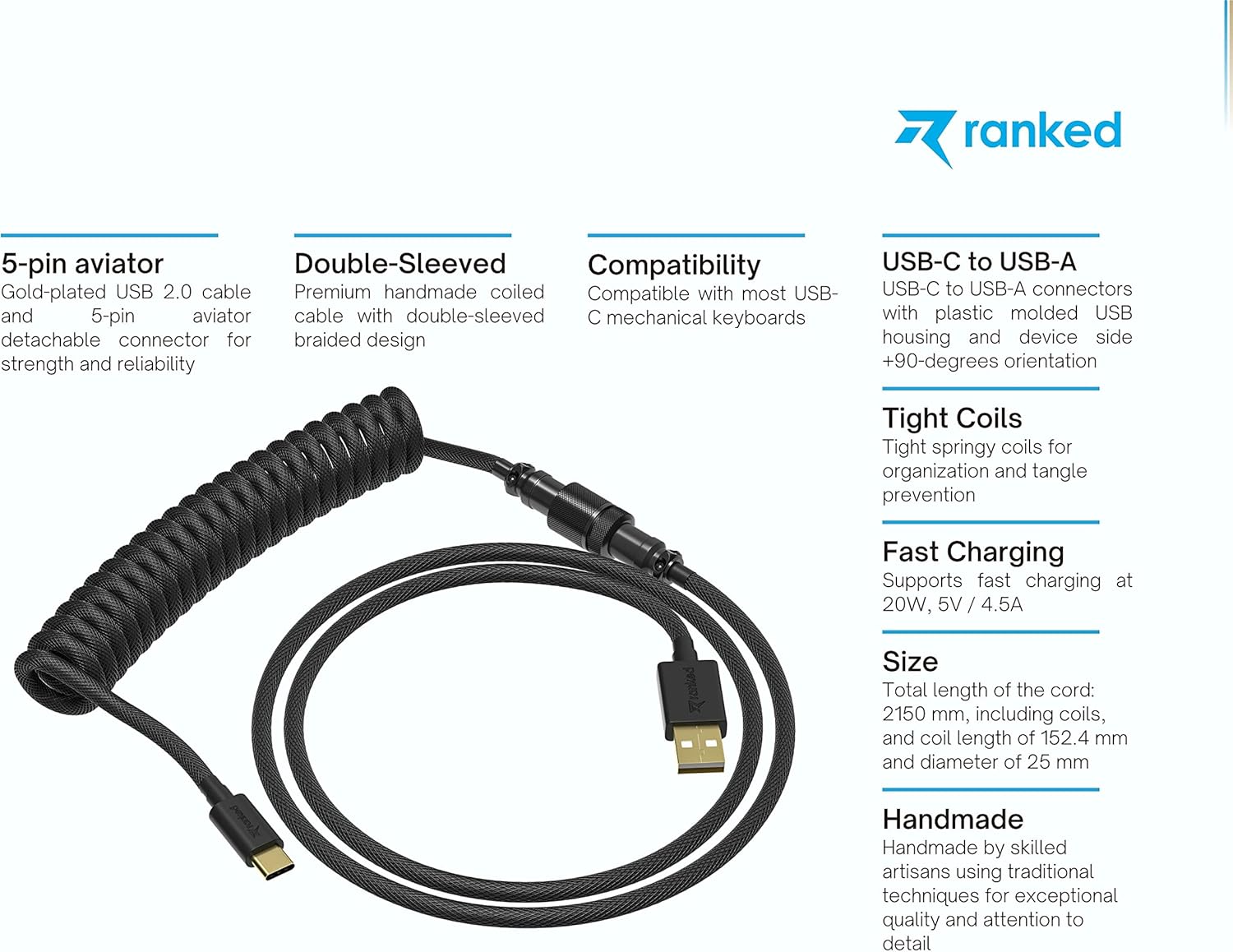 Ranked Coiled Keyboard Cable | Handcrafted Double-Sleeved Braided Cable | USB Type C to A | 5-Pin Aviator Connector for Custom Mechanical Gaming Keyboard | Support Fast Charge 20W (Black) - Image 2