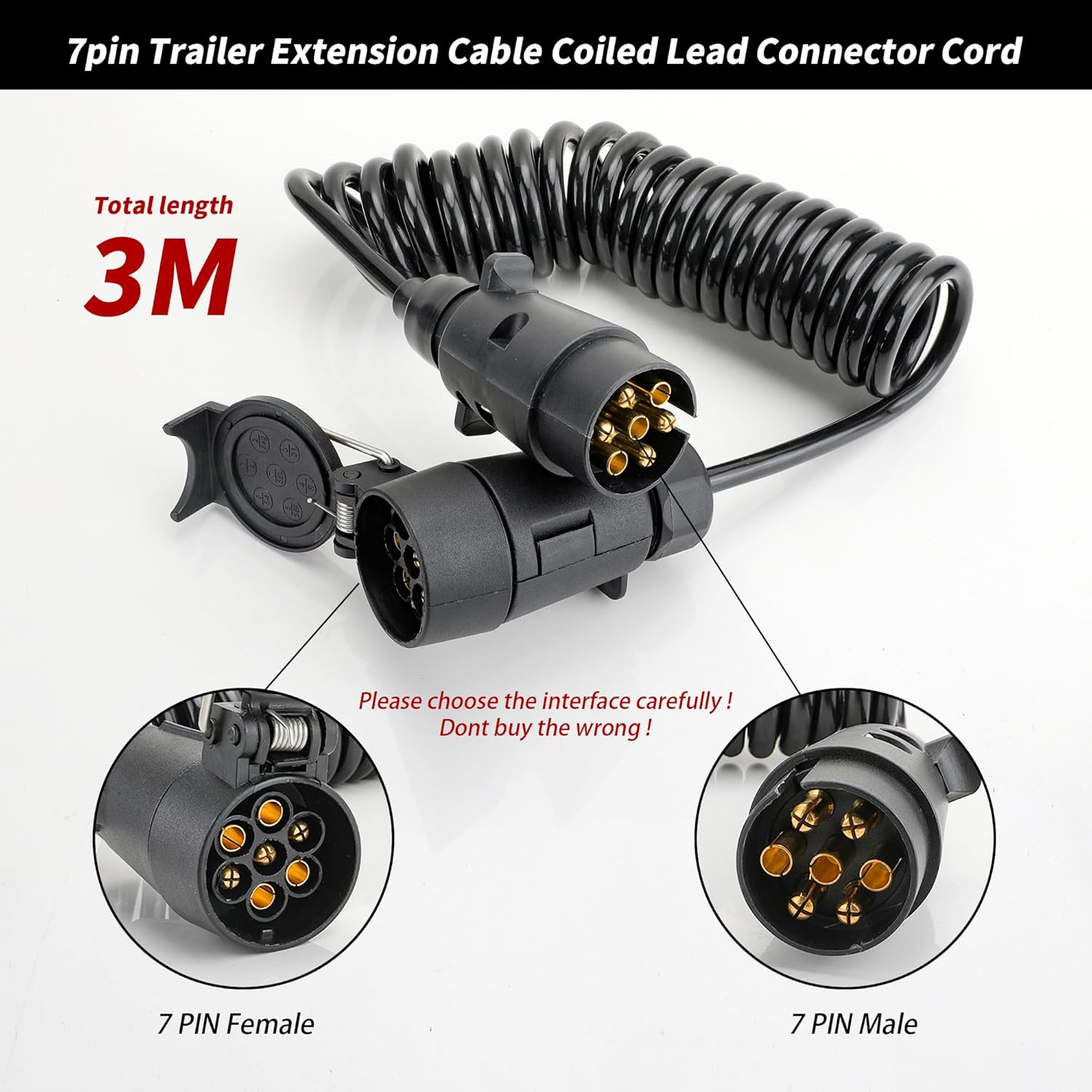 7 Pin Trailer Extension Cable Male to Female 3M, 12V 7 Core Trailer Light Board Extension Cable Lead, 7 Pin Trailer Extension Coiled Cable for Towing Car Caravan Truck - Image 2
