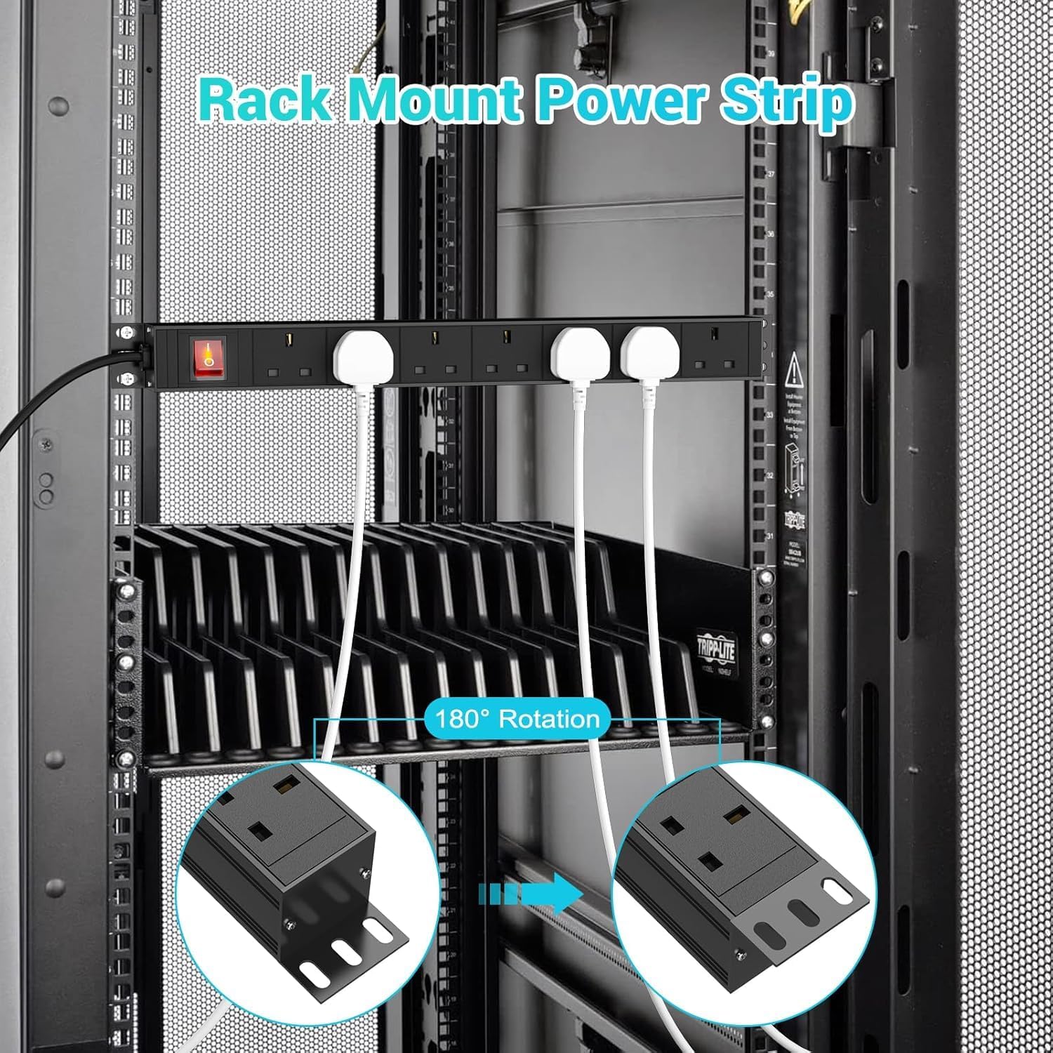 7 Way Extension Lead Power Strip with Surge Protection, 19 inch Rack Mount Power Strip, Wall Mount Power Socket with Metal Housing, 1,8M Cable - Image 3
