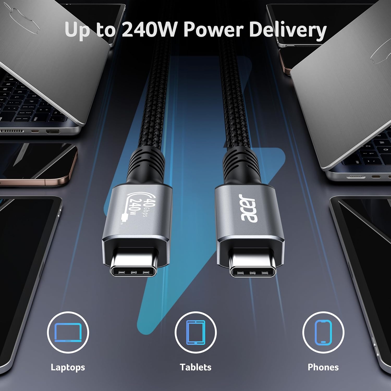 acer USB-C USB 4 Cable 1M, Braided 8K/4K Video Display Cable, 240W Fast Charging Lead, USBC High Speed 40Gbps Transfer Cord, Thunderbolt 4/3, TB4 Compatible | Laptop, MacBook, External SSD, Monitor - Image 4