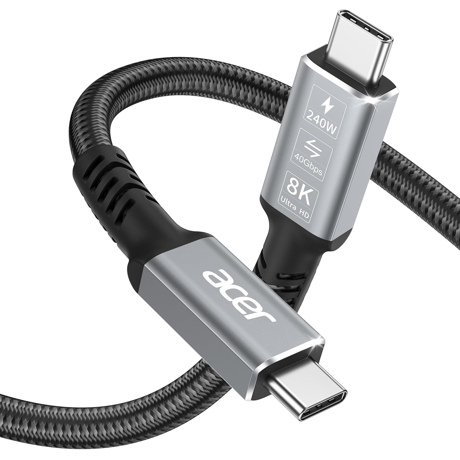 acer USB-C USB 4 Cable 1M, Braided 8K/4K Video Display Cable, 240W Fast Charging Lead, USBC High Speed 40Gbps Transfer Cord, Thunderbolt 4/3, TB4 Compatible | Laptop, MacBook, External SSD, Monitor