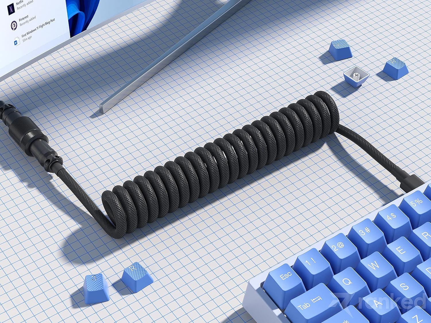 Ranked Coiled Keyboard Cable | Handcrafted Double-Sleeved Braided Cable | USB Type C to A | 5-Pin Aviator Connector for Custom Mechanical Gaming Keyboard | Support Fast Charge 20W (Black) - Image 3