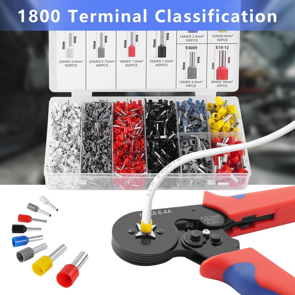 Crimping Tools Set, Crimping Plier Set, 0.25-10mm² Ferrule Crimper Tool Kit with 1800 Wire End Connectors, Self-Adjustable Ratchet Bootlace Cables Crimp Tools, Wire Crimper Plier Set - Image 4