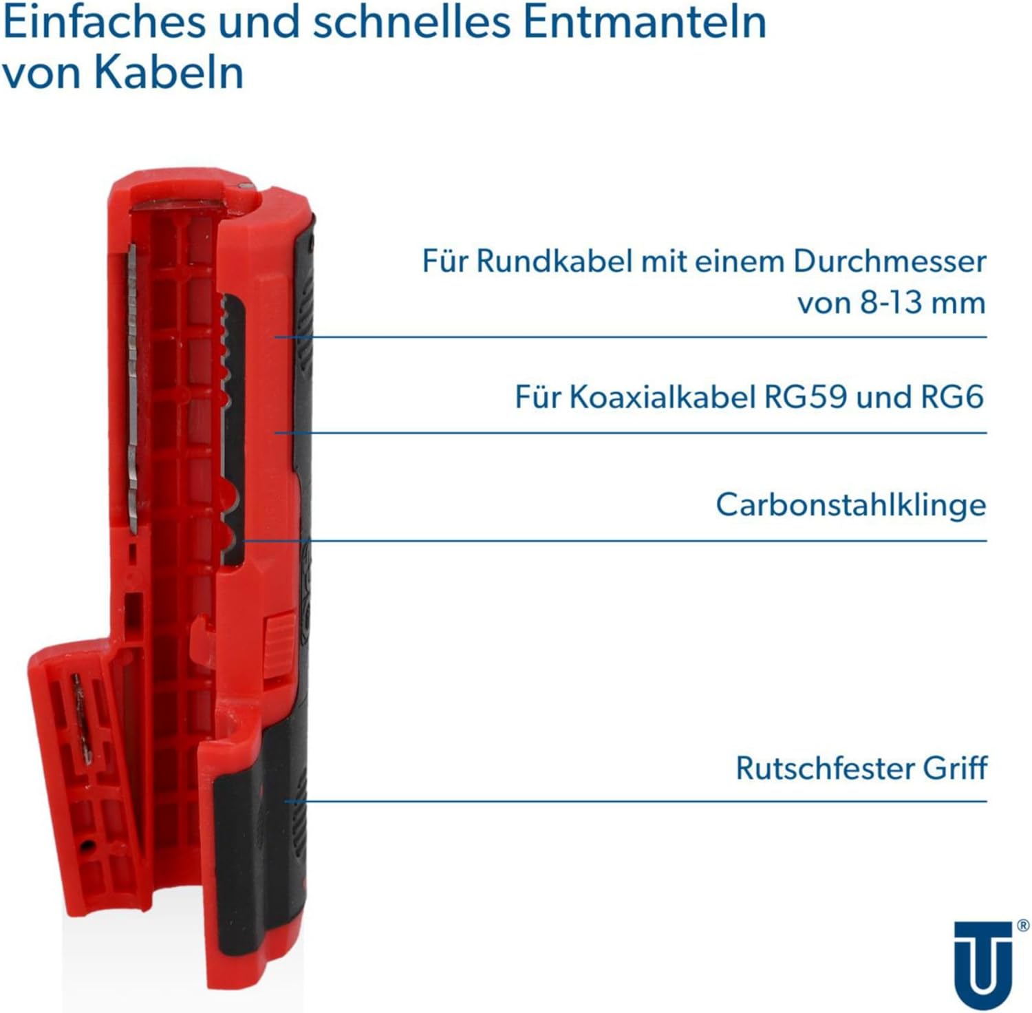 UNITEC Cable stripper for round and longitudinal cutting, for round cables with a diameter of 8-13 mm, suitable for coaxial cables RG59 and RG6 - Image 2