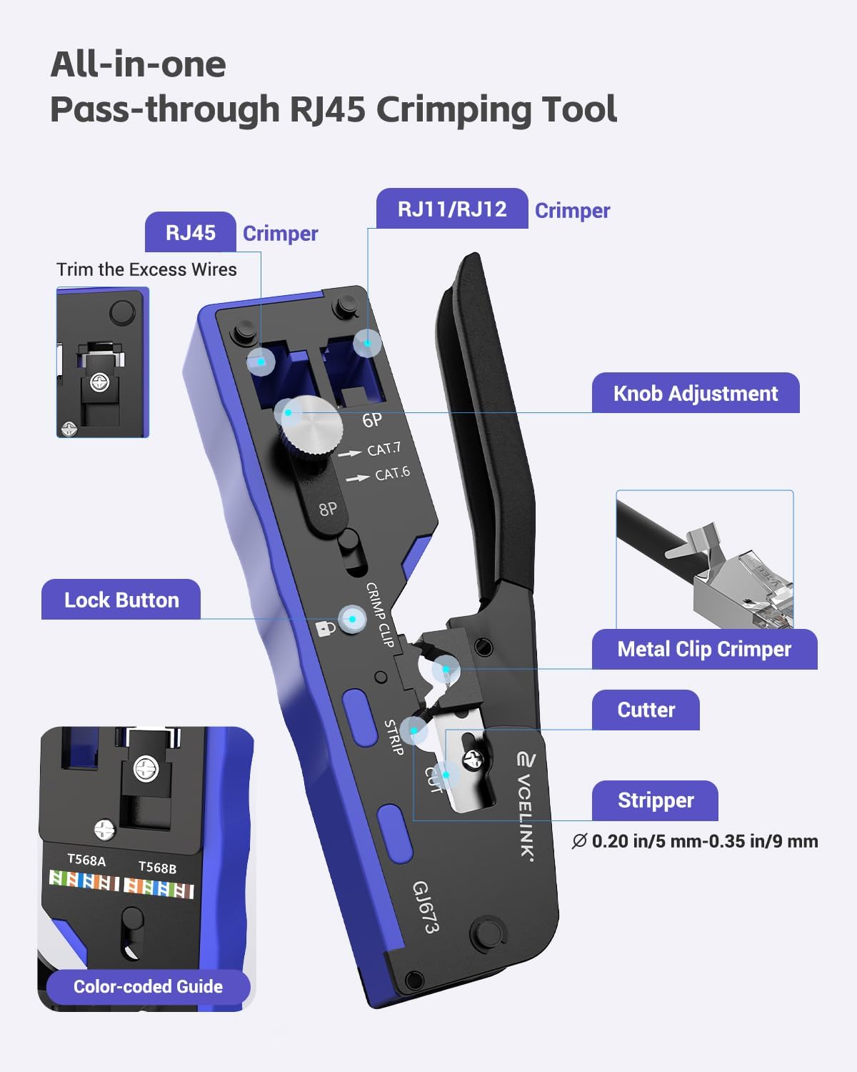 VCELINK Upgraded RJ45 Crimping Tool Kit for CAT7/6A/6/5E/5 with a Pass Through Ethernet Crimper,50 Cat6 RJ45 Connectors & Strain Relief Boots, Cable Tester, Wire Stripper and Cutter - Image 3