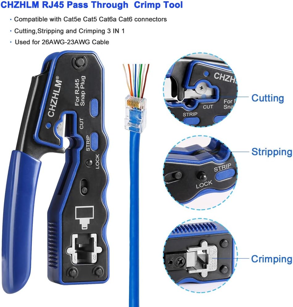 RJ45 Crimping Tool Kit Pass Through Crimper Stripper Cutter All-in-One for Cat5 Cat6 Pass Through Connector with Cable Tester 50Pcs Connectors 50Pcs Covers Mini Stripper - Image 2