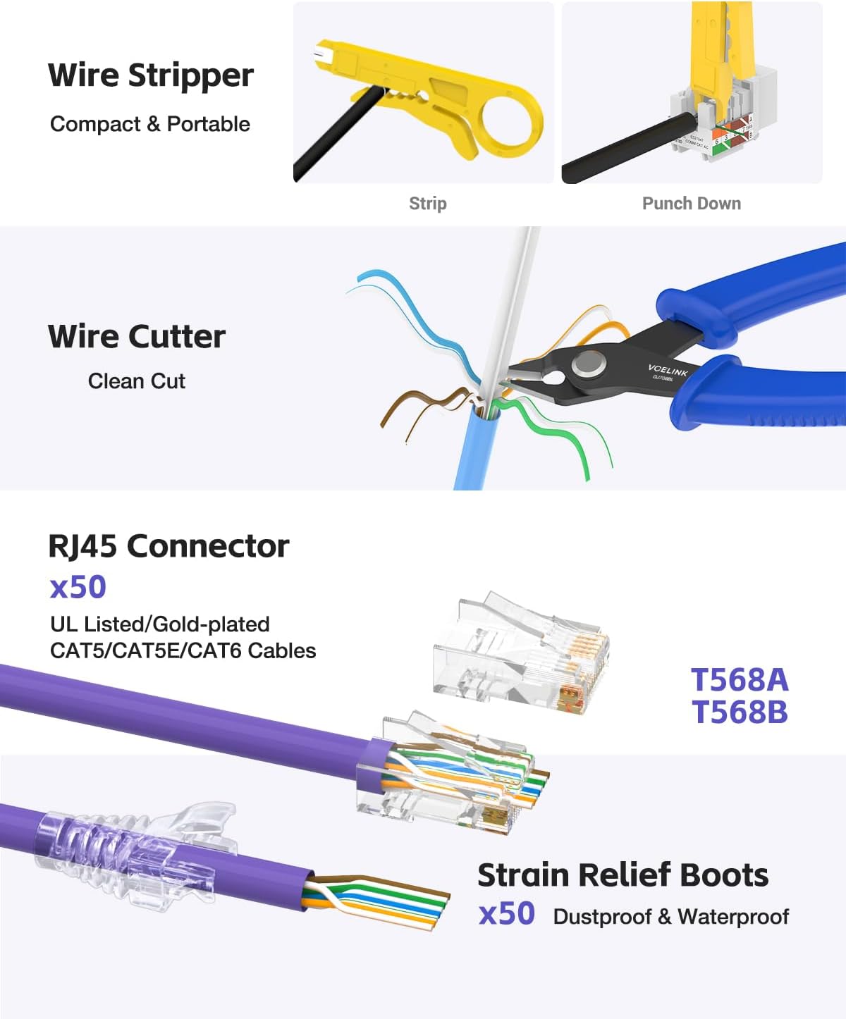 VCELINK Upgraded RJ45 Crimping Tool Kit for CAT7/6A/6/5E/5 with a Pass Through Ethernet Crimper,50 Cat6 RJ45 Connectors & Strain Relief Boots, Cable Tester, Wire Stripper and Cutter - Image 8