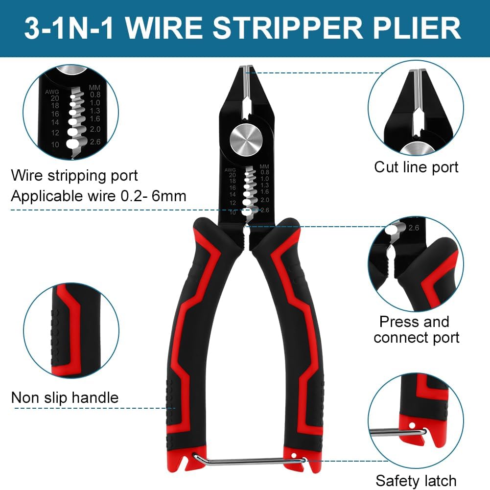 Wire Cutters, 3 in-1 Cable Cutters for 10-20 AWG Stranded, Hidden Spring, Non-Slip Handle, Safety Lock, Side Cutter for Electronics, Electrical Repair, Appliance, DIY, Circuit Boards - Image 3