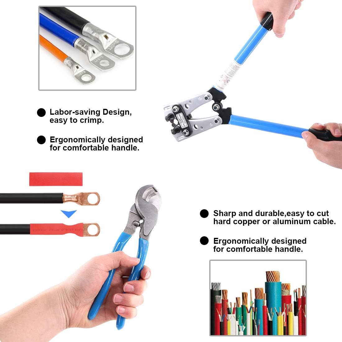 Glarks 42Pcs Battery Cable Lug Crimping Tool Wire Crimper with Cable Cutter and Wire Lugs Ring Terminal Connectors and Heat Shrink Tubing for 10, 8, 6, 4, 2, 1/0 AWG Wire Cable Cutting and Crimping - Image 7