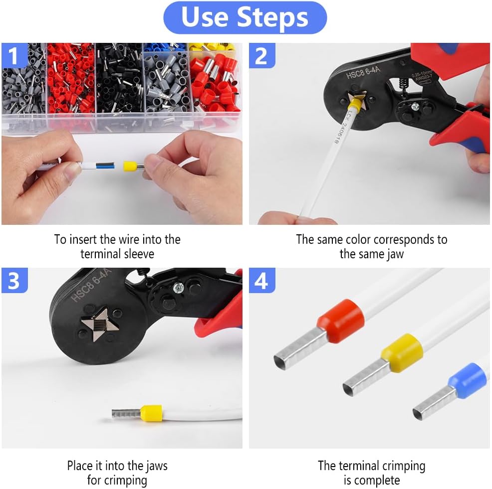 Crimping Tools Set, Crimping Plier Set, 0.25-10mm² Ferrule Crimper Tool Kit with 1800 Wire End Connectors, Self-Adjustable Ratchet Bootlace Cables Crimp Tools, Wire Crimper Plier Set - Image 7