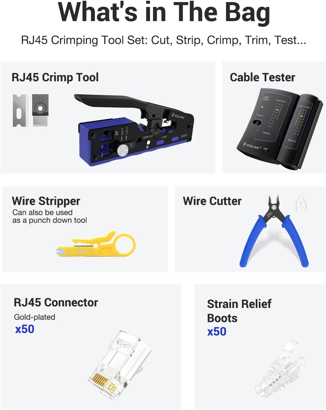 VCELINK Upgraded RJ45 Crimping Tool Kit for CAT7/6A/6/5E/5 with a Pass Through Ethernet Crimper,50 Cat6 RJ45 Connectors & Strain Relief Boots, Cable Tester, Wire Stripper and Cutter - Image 2