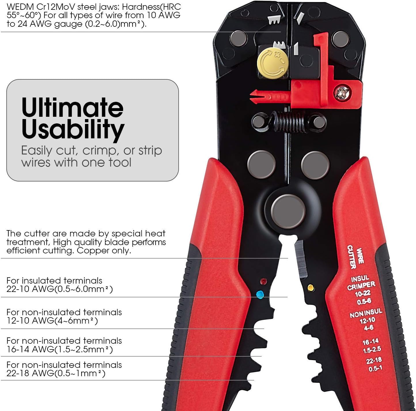1110 3 in 1 Self-Adjusting Wire Stripper Cutter, Wire Crimping Tool Wire Pliers for Wire Stripping, Cutting, Crimping 10-24 AWG (0.2-6.0mm Square) (Red) - Image 4