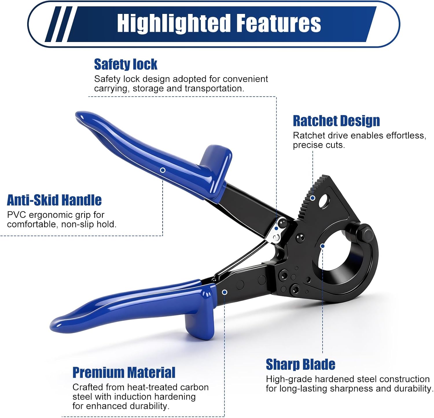 Ratchet Cutter, HS325A Heavy Duty Ratchet Cable Cutters, Aluminum Copper Cable Cutter Cut up to 240mm²,Ratcheting Wire Cutter with Ergonomic Finger Handle and Safety Lock - Image 3