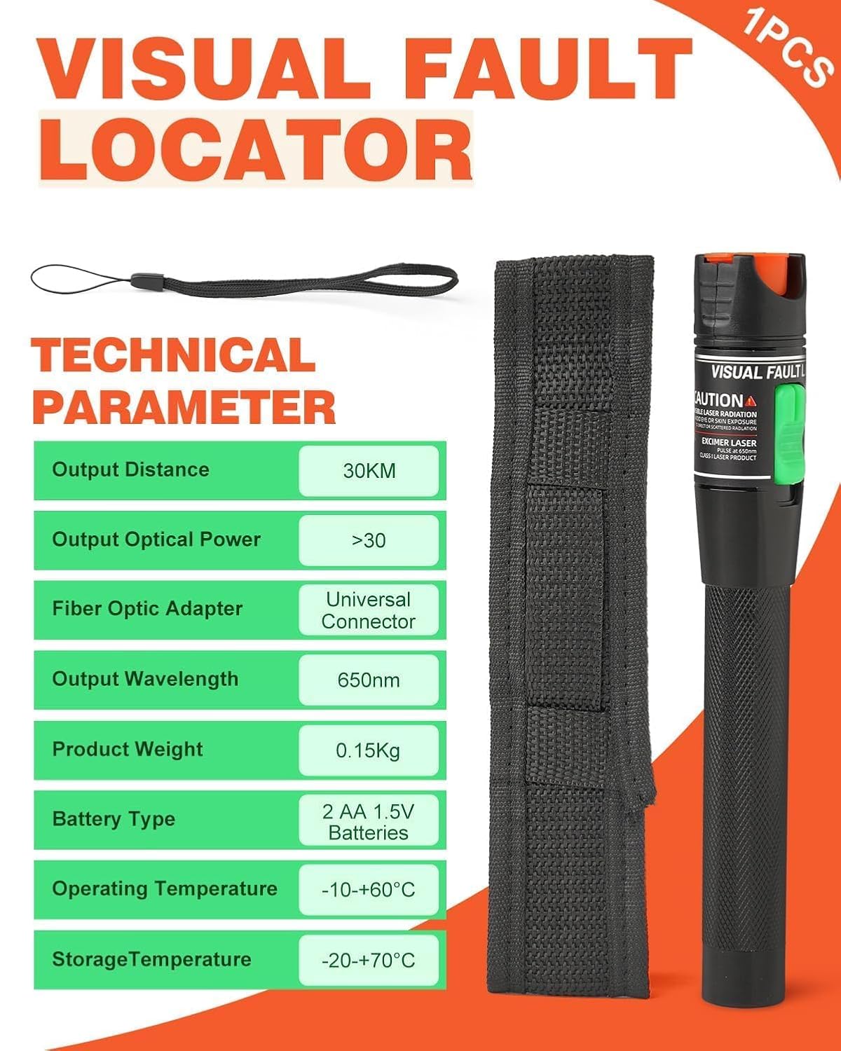 30KM Visual Fault Locator Fiber Optic Tester Fiber Tester Detector with 2.5mm Universal Connector Red Light VFL for Network Cable Testers CATV Telecommunications for FC/SC/ST Adapter Pen - Image 2