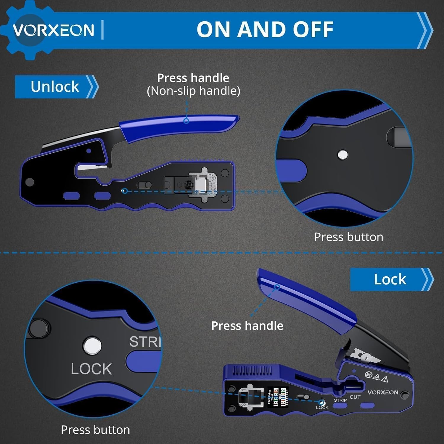 RJ45 Crimp Tool Kit Ethernet Cat 6 Crimping Tool Pass Through RJ45 Crimper with Mini Wire Stripper, 50Pcs RJ45 Cat6 Pass-Through Crystals - Image 2