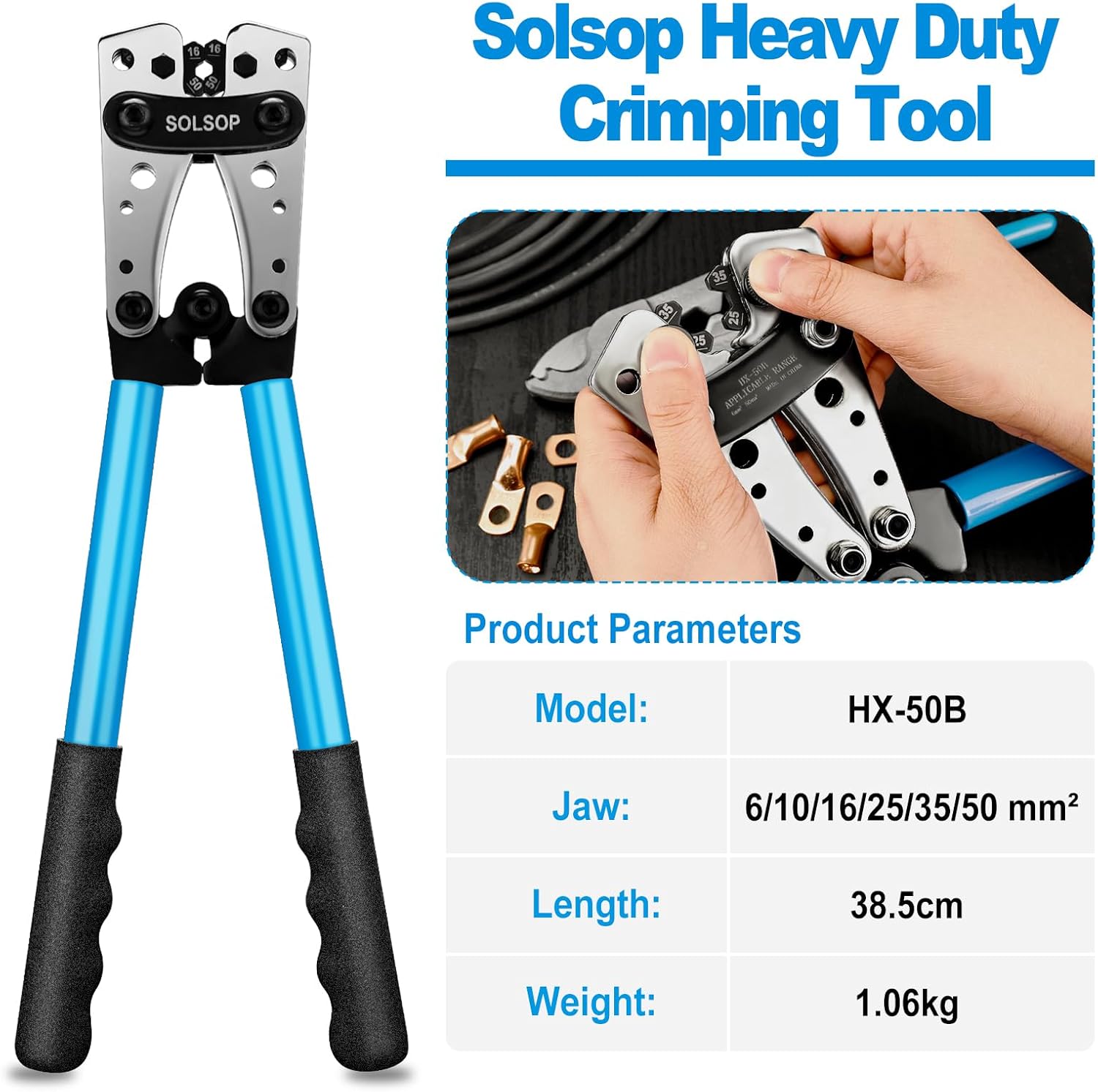 Solsop Battery Terminal Crimping Tool - Heavy Duty Crimper for 10, 8, 6, 4, 2, 1/0 AWG Ring Lugs, Battery Cable Crimping Tool with Wire Cable Cutter - Image 2