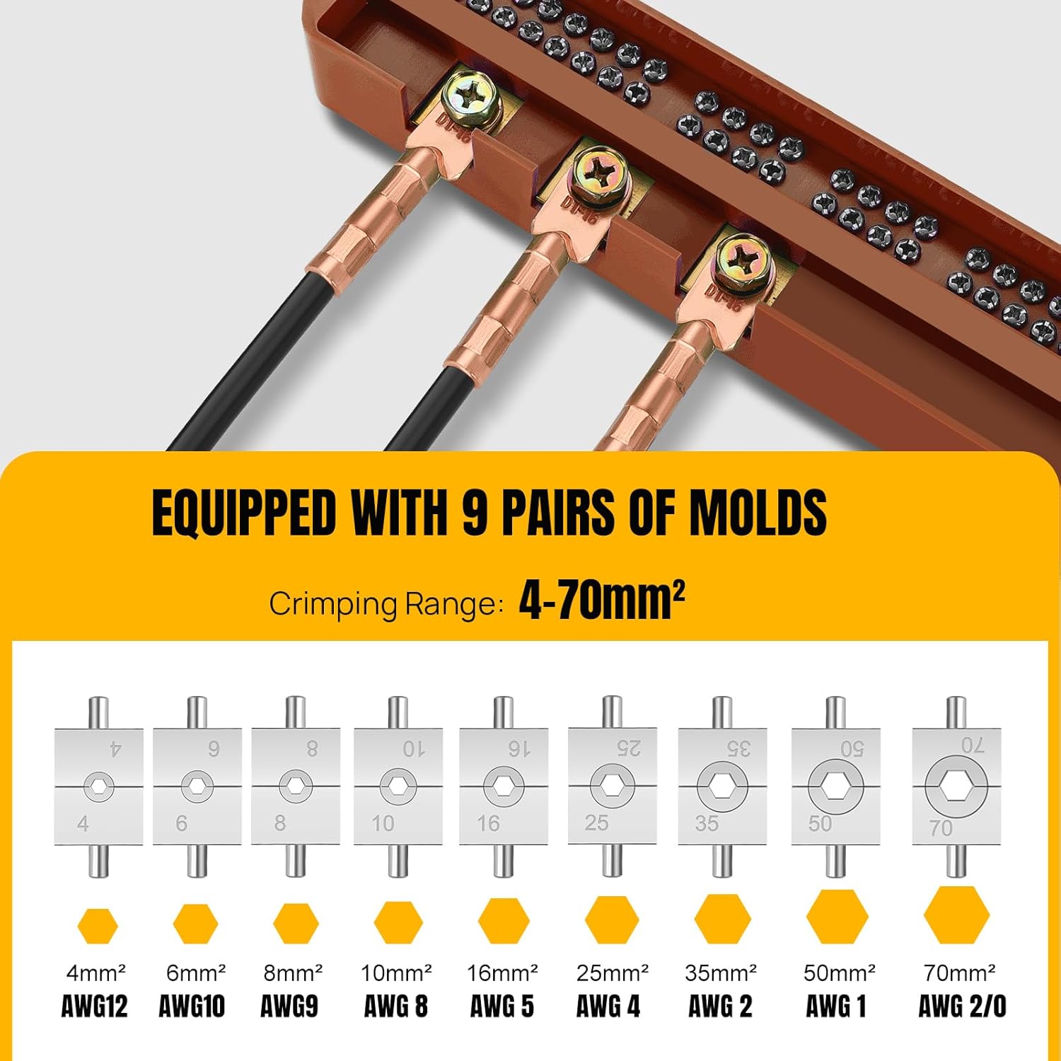 Hydraulic Crimping Tool with 9 Dies, 4-70mm² Range for Cable Lugs, Hand Operated Crimper for Copper and Aluminum Battery Terminals - Image 5