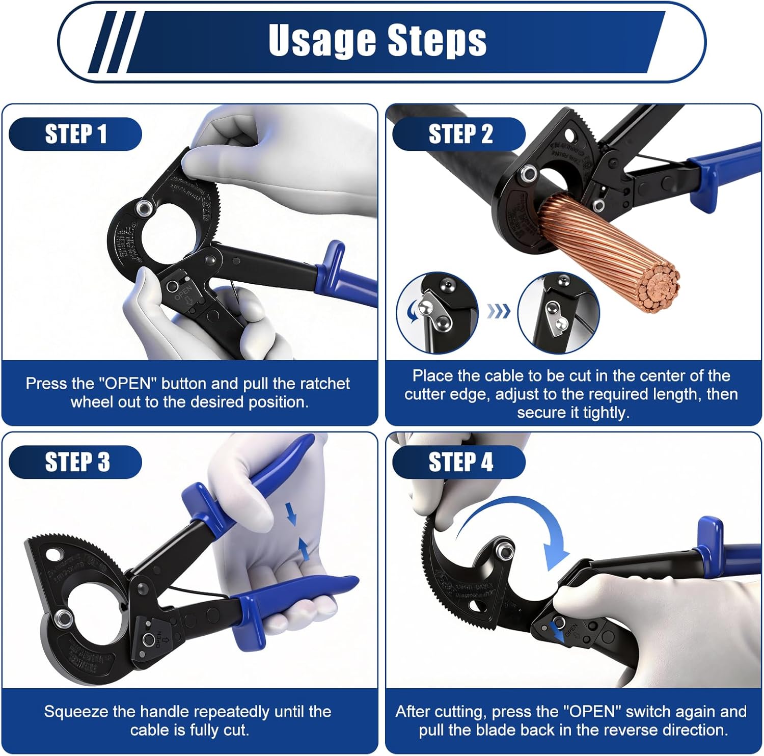 Ratchet Cutter, HS325A Heavy Duty Ratchet Cable Cutters, Aluminum Copper Cable Cutter Cut up to 240mm²,Ratcheting Wire Cutter with Ergonomic Finger Handle and Safety Lock - Image 5