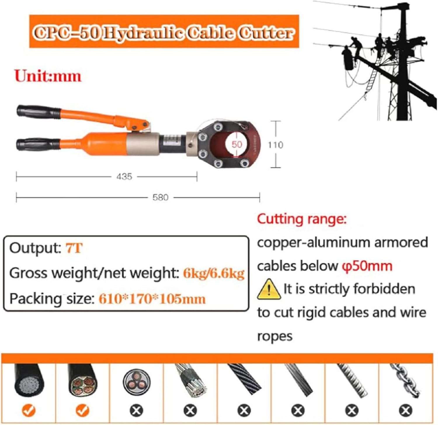 Handheld Hydraulic Cable Cutter, Hydraulic Cable Shears, Electric Ratchet Wire Cutter, for Copper, Aluminum, Steel Wire and Rope (50) - Image 3
