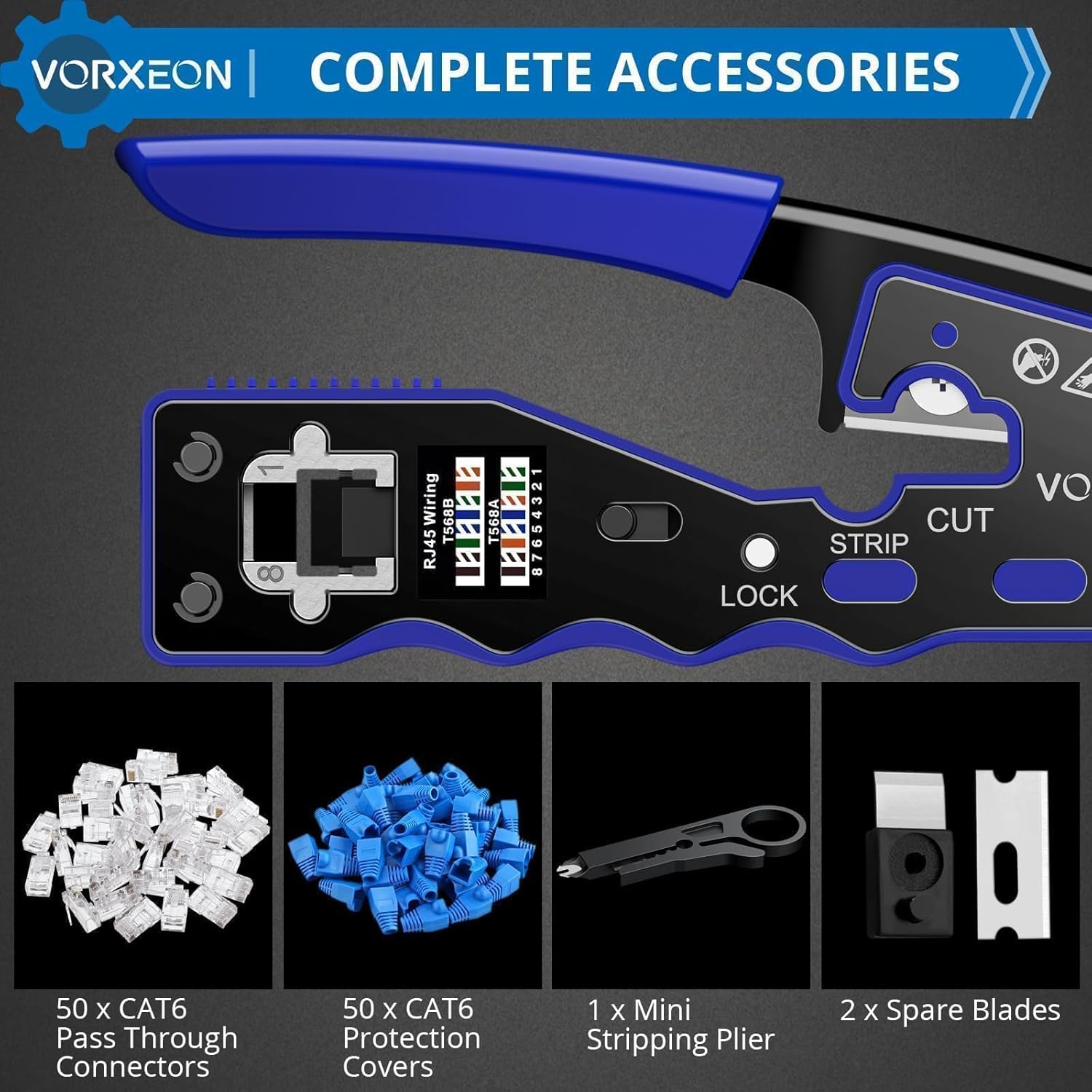 RJ45 Crimp Tool Kit Ethernet Cat 6 Crimping Tool Pass Through RJ45 Crimper with Mini Wire Stripper, 50Pcs RJ45 Cat6 Pass-Through Crystals - Image 7