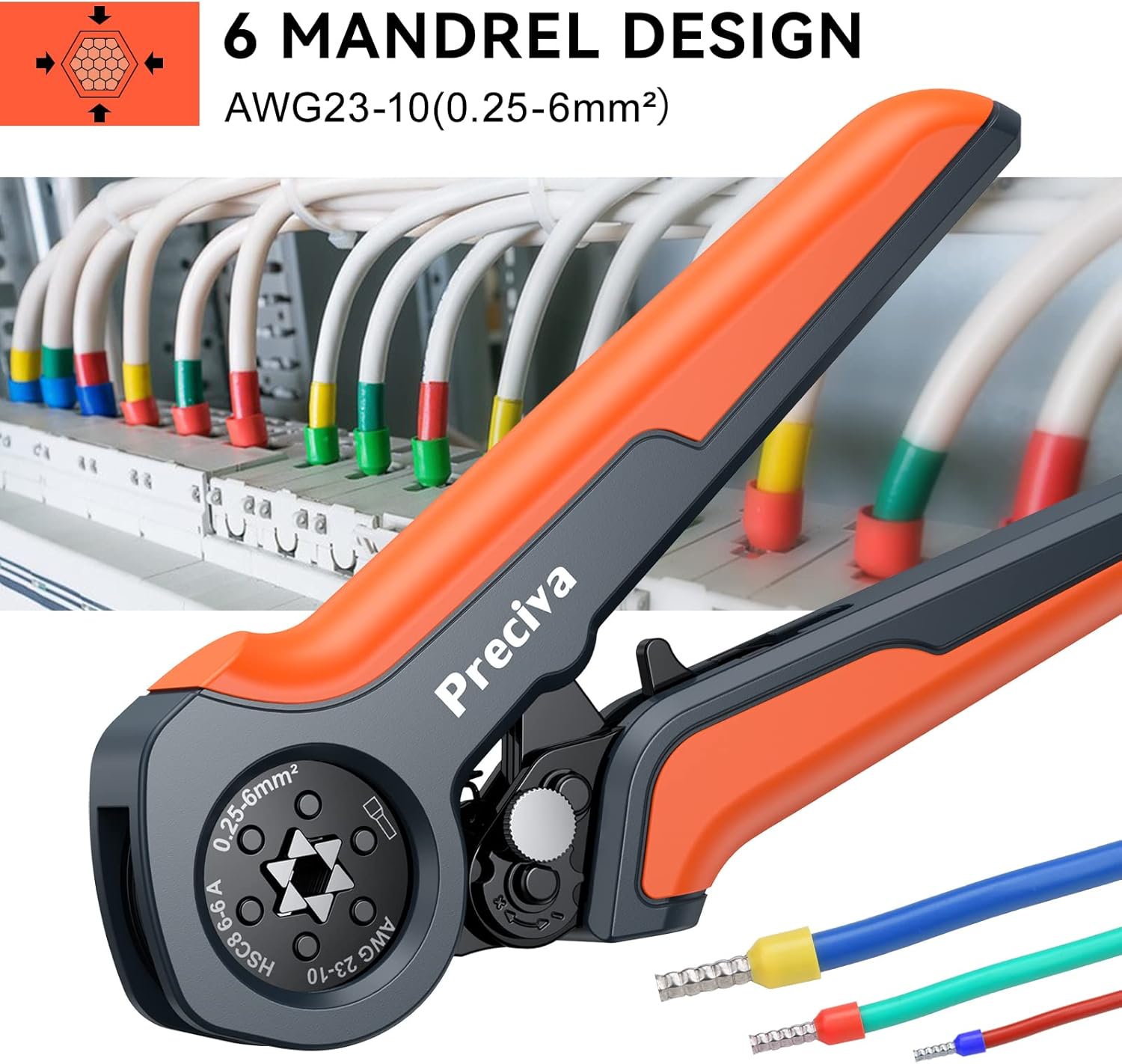 Preciva Ferrule Crimping Tool,0.25-6mm²/AWG23-10 Self-Adjusting Wire Crimper,Ratchet Crimp Tool for Household & Industrial Electrical Work - Image 2