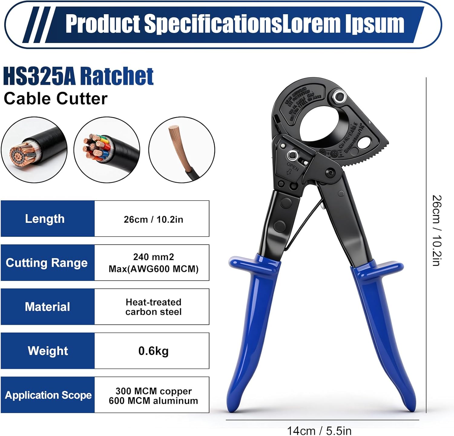 Ratchet Cutter, HS325A Heavy Duty Ratchet Cable Cutters, Aluminum Copper Cable Cutter Cut up to 240mm²,Ratcheting Wire Cutter with Ergonomic Finger Handle and Safety Lock - Image 2