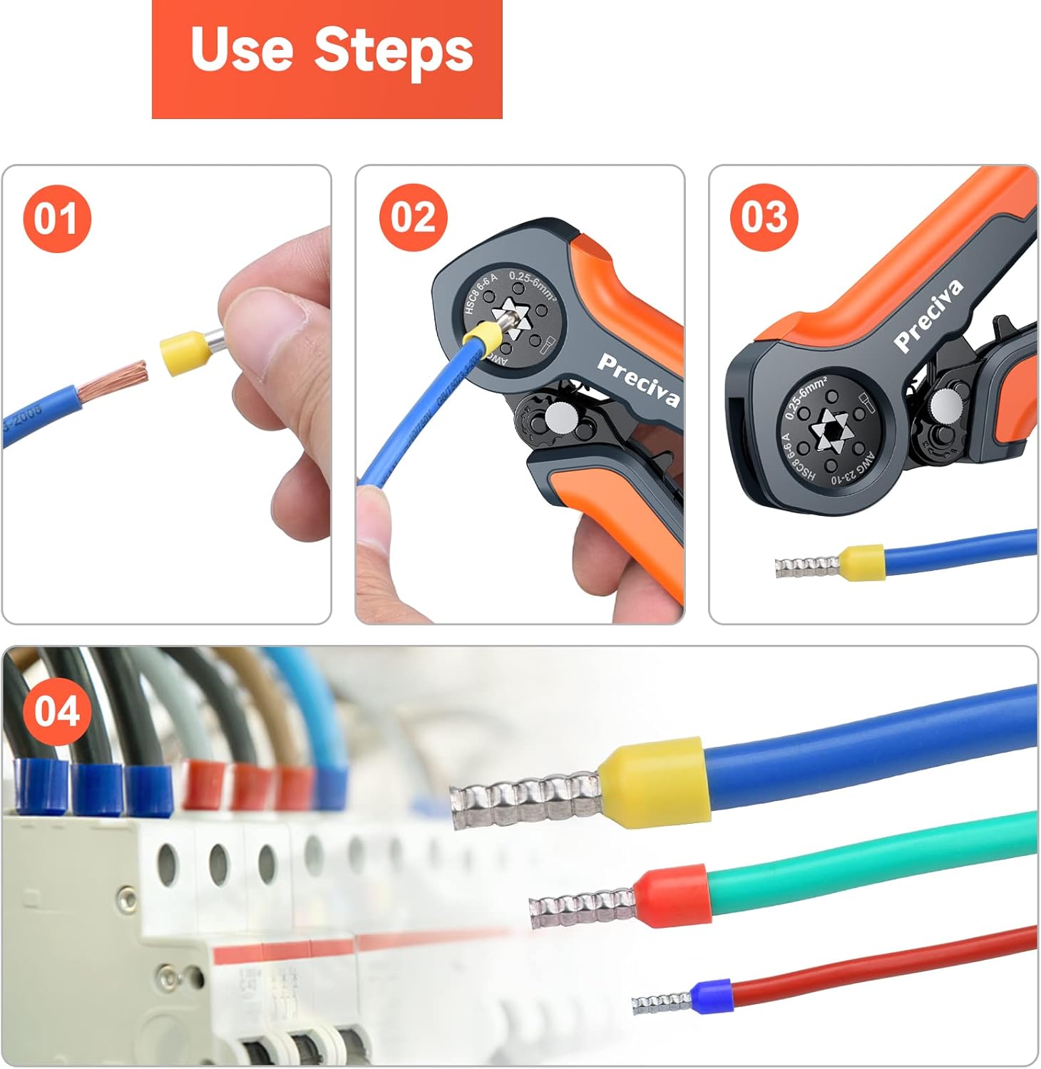 Preciva Ferrule Crimping Tool,0.25-6mm²/AWG23-10 Self-Adjusting Wire Crimper,Ratchet Crimp Tool for Household & Industrial Electrical Work - Image 5
