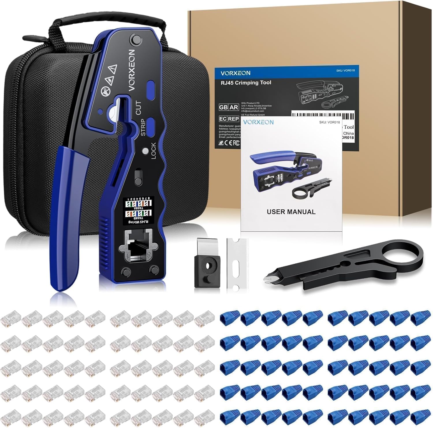 RJ45 Crimp Tool Kit Ethernet Cat 6 Crimping Tool Pass Through RJ45 Crimper with Mini Wire Stripper, 50Pcs RJ45 Cat6 Pass-Through Crystals - Image 8