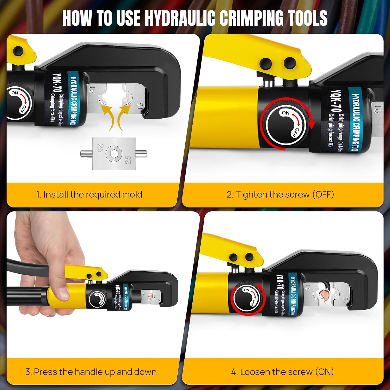 Hydraulic Crimping Tool with 9 Dies, 4-70mm² Range for Cable Lugs, Hand Operated Crimper for Copper and Aluminum Battery Terminals - Image 4