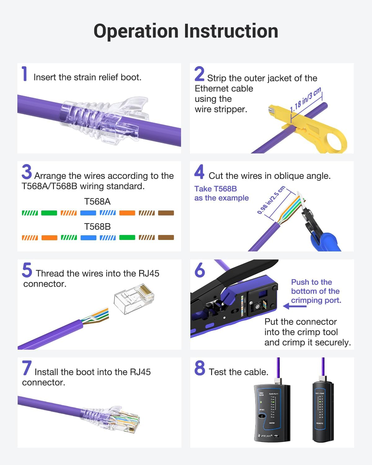 VCELINK Upgraded RJ45 Crimping Tool Kit for CAT7/6A/6/5E/5 with a Pass Through Ethernet Crimper,50 Cat6 RJ45 Connectors & Strain Relief Boots, Cable Tester, Wire Stripper and Cutter - Image 9