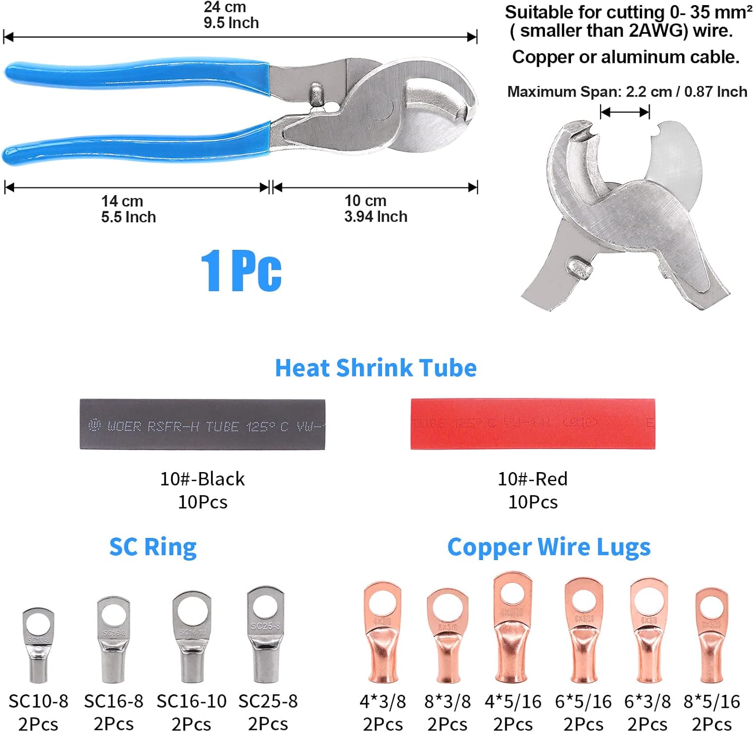 Glarks 42Pcs Battery Cable Lug Crimping Tool Wire Crimper with Cable Cutter and Wire Lugs Ring Terminal Connectors and Heat Shrink Tubing for 10, 8, 6, 4, 2, 1/0 AWG Wire Cable Cutting and Crimping - Image 3