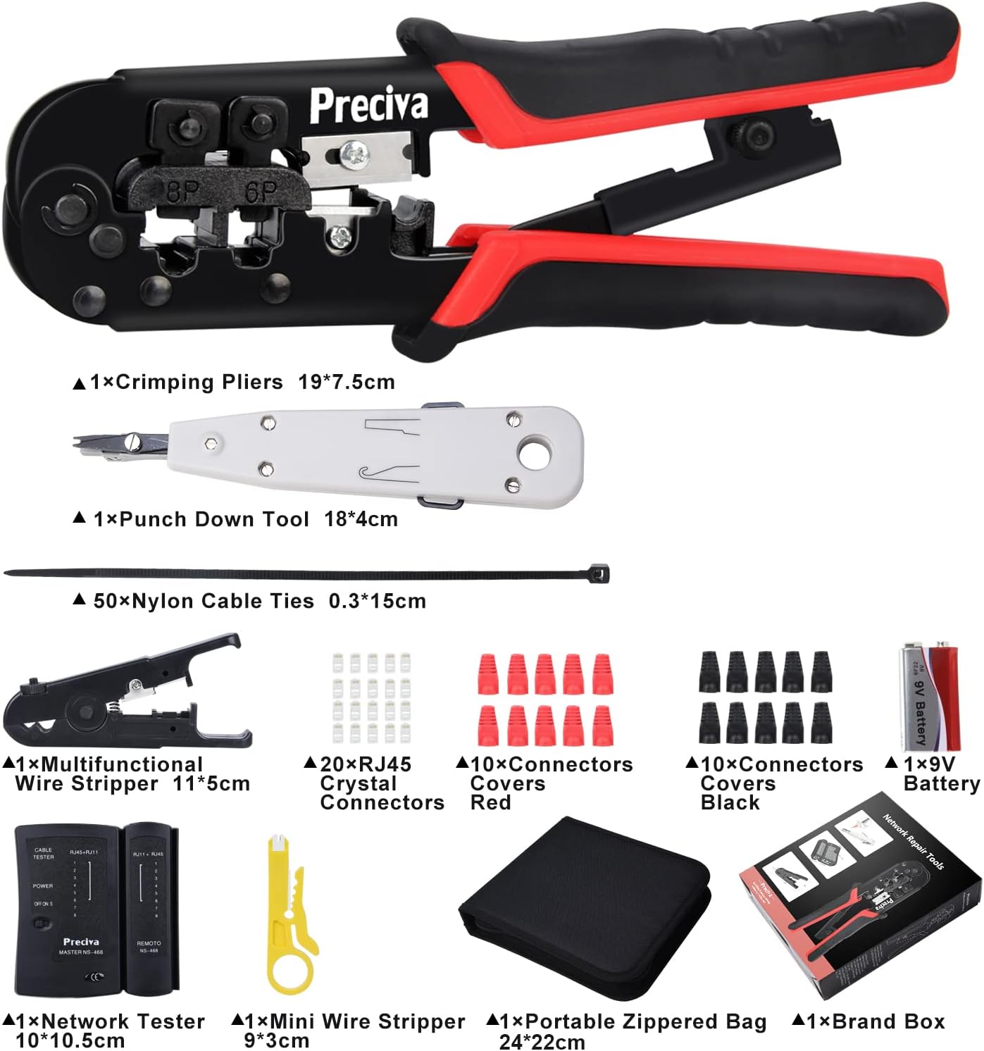 RJ45 Crimp Tool Kit, Preciva 97-in-1 Ethernet Crimping Network Toolkit for 8P/6P RJ11, RJ12, RJ45, CAT5, CAT5E, Computer Maintenance LAN Cable Tester Repair Set, Cable Tester, Wire Stripper - Image 7