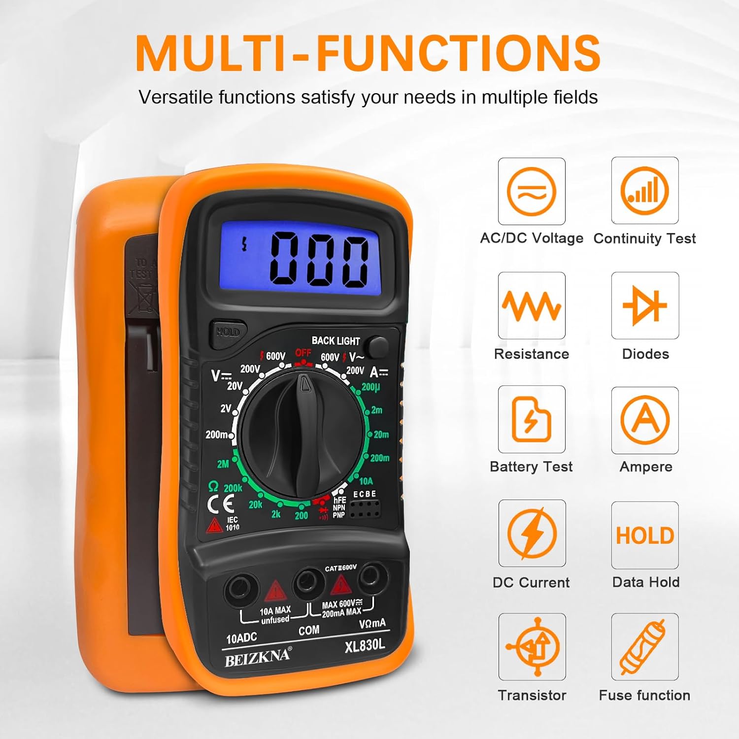 Digital Multimeter Voltmeter Battery Multi Tester Voltage Ohmmeter AC DC Volt OHM Amp Current Meter Continuity Circuit Resistance Diode Electrical Tester Ammeter with LCD Display Backlight - Image 2