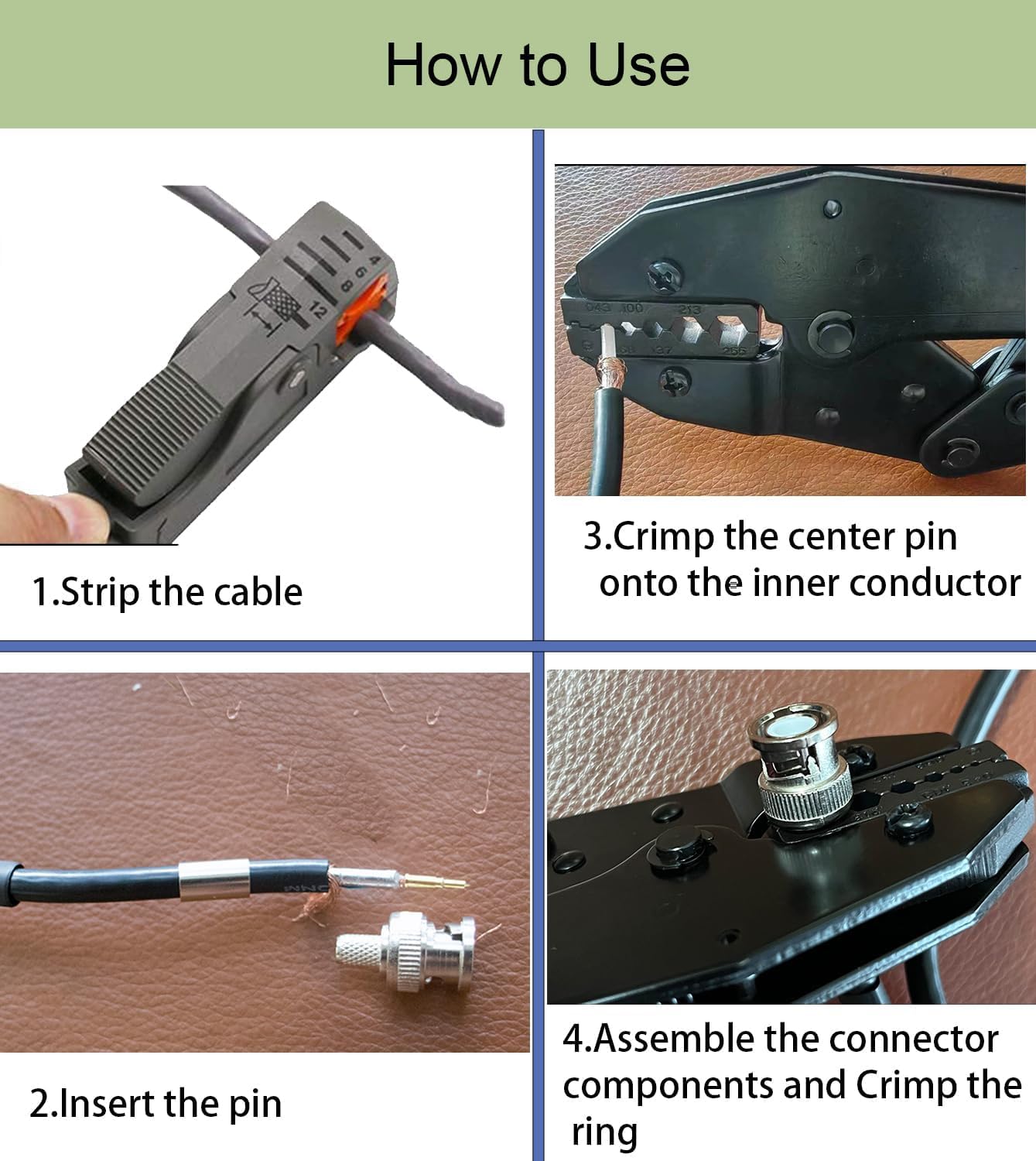 BNC Crimping Tool and BNC Connector Kit | Coaxial Crimper with Interchangeable Dies, 10 pcs BNC Male Crimp Connectors RG59, and Coax Stripper | Compatible with CCTV, Satellite & AV Installations - Image 6