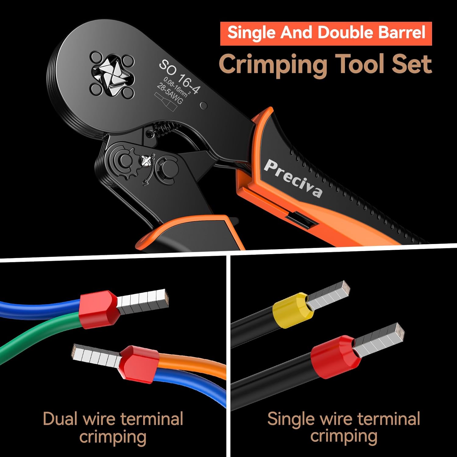 Preciva Bootlace Crimping Tool Kit, 0.08-16mm²/AWG28-5 Ferrule Crimp Toolkit with 1200pcs Connectors(300 Dual Wire Terminals), Self-Adjsutable Ratchet Crimper ToolKits - Image 3