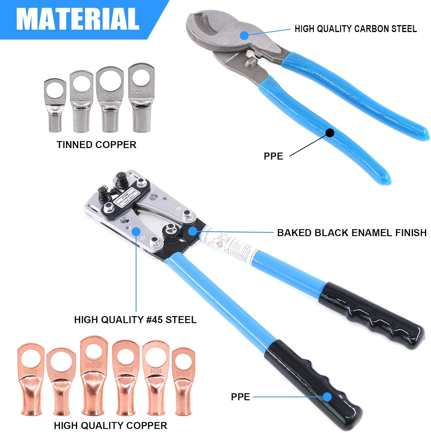 Glarks 42Pcs Battery Cable Lug Crimping Tool Wire Crimper with Cable Cutter and Wire Lugs Ring Terminal Connectors and Heat Shrink Tubing for 10, 8, 6, 4, 2, 1/0 AWG Wire Cable Cutting and Crimping - Image 4