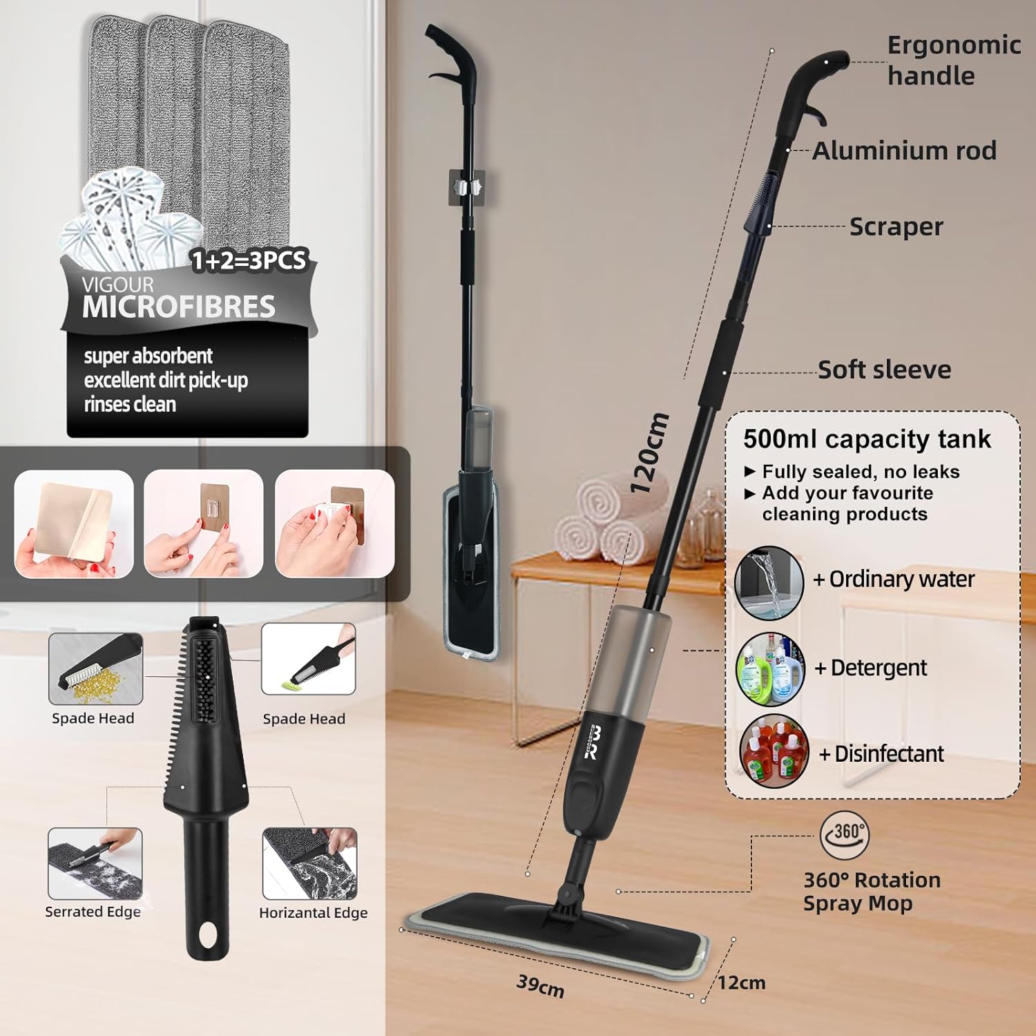 360° 3-in-1 Microfiber Spray Mop for Floor Cleaning Dry Wet Dust Mop for Hardwood, Laminate, Tile & Wood Floors Large Capacity Bottle 3 Reusable Pads Scraper Holder Kitchen Multi-Surface - Image 2
