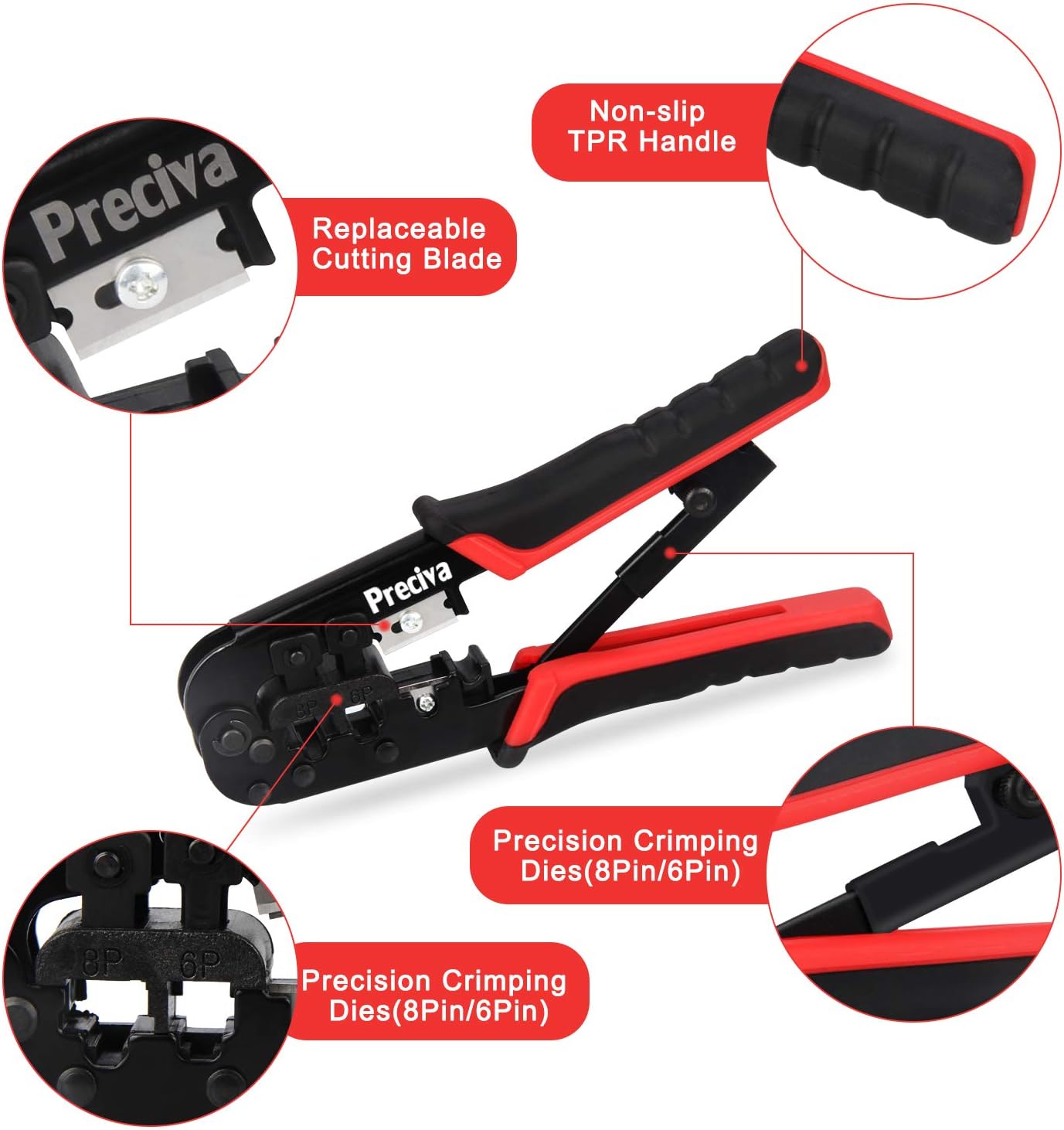 RJ45 Crimp Tool Kit, Preciva 97-in-1 Ethernet Crimping Network Toolkit for 8P/6P RJ11, RJ12, RJ45, CAT5, CAT5E, Computer Maintenance LAN Cable Tester Repair Set, Cable Tester, Wire Stripper - Image 2