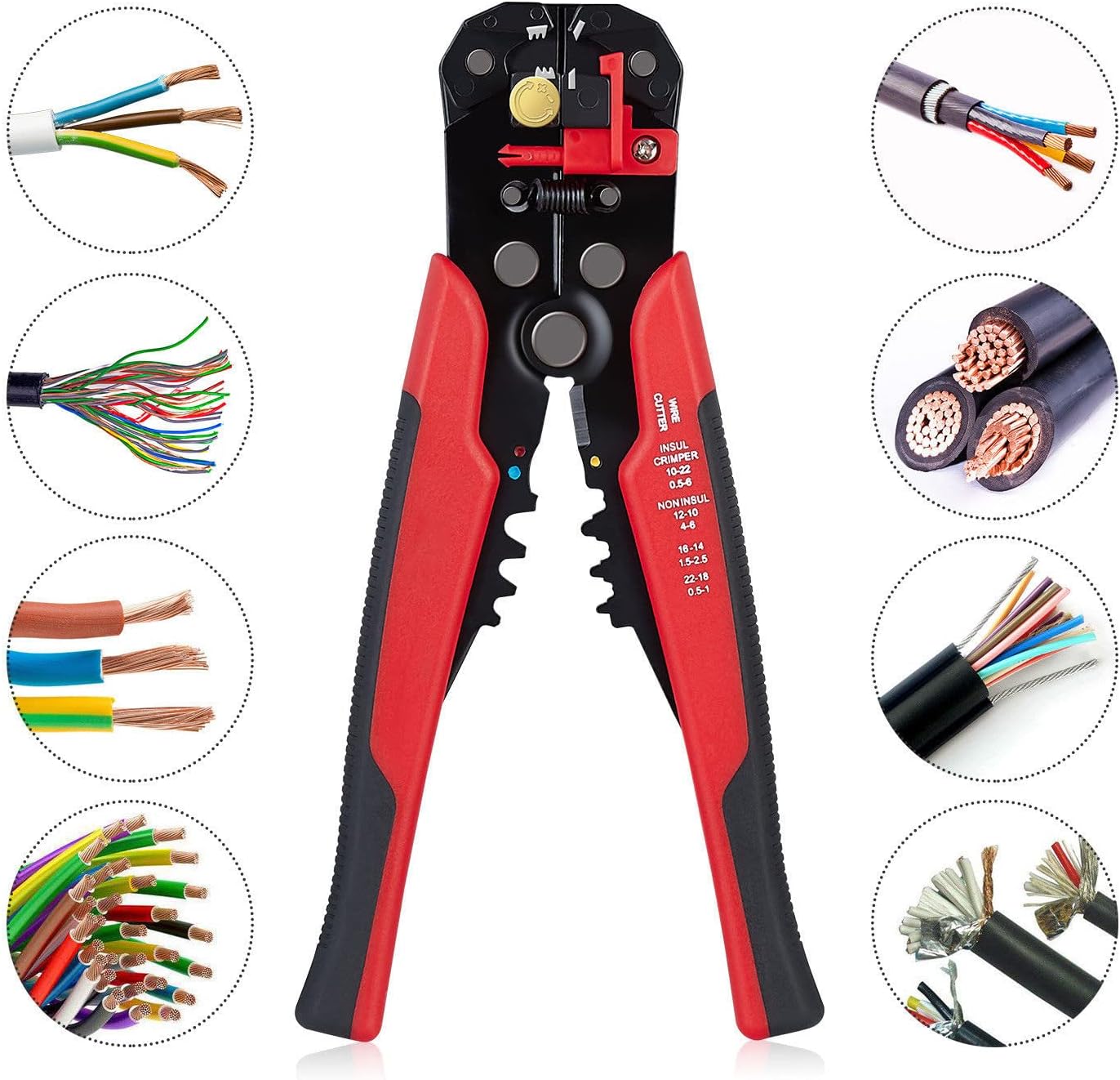 1110 3 in 1 Self-Adjusting Wire Stripper Cutter, Wire Crimping Tool Wire Pliers for Wire Stripping, Cutting, Crimping 10-24 AWG (0.2-6.0mm Square) (Red) - Image 2