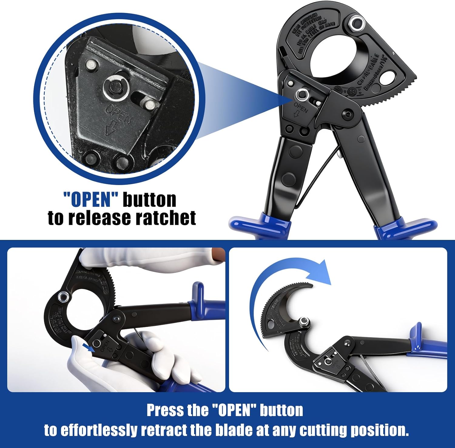 Ratchet Cutter, HS325A Heavy Duty Ratchet Cable Cutters, Aluminum Copper Cable Cutter Cut up to 240mm²,Ratcheting Wire Cutter with Ergonomic Finger Handle and Safety Lock - Image 4
