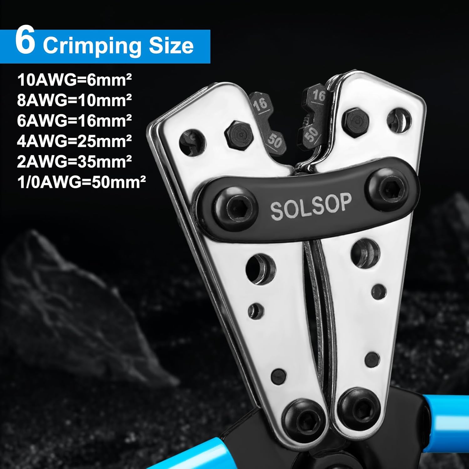 Solsop Battery Terminal Crimping Tool - Heavy Duty Crimper for 10, 8, 6, 4, 2, 1/0 AWG Ring Lugs, Battery Cable Crimping Tool with Wire Cable Cutter - Image 3