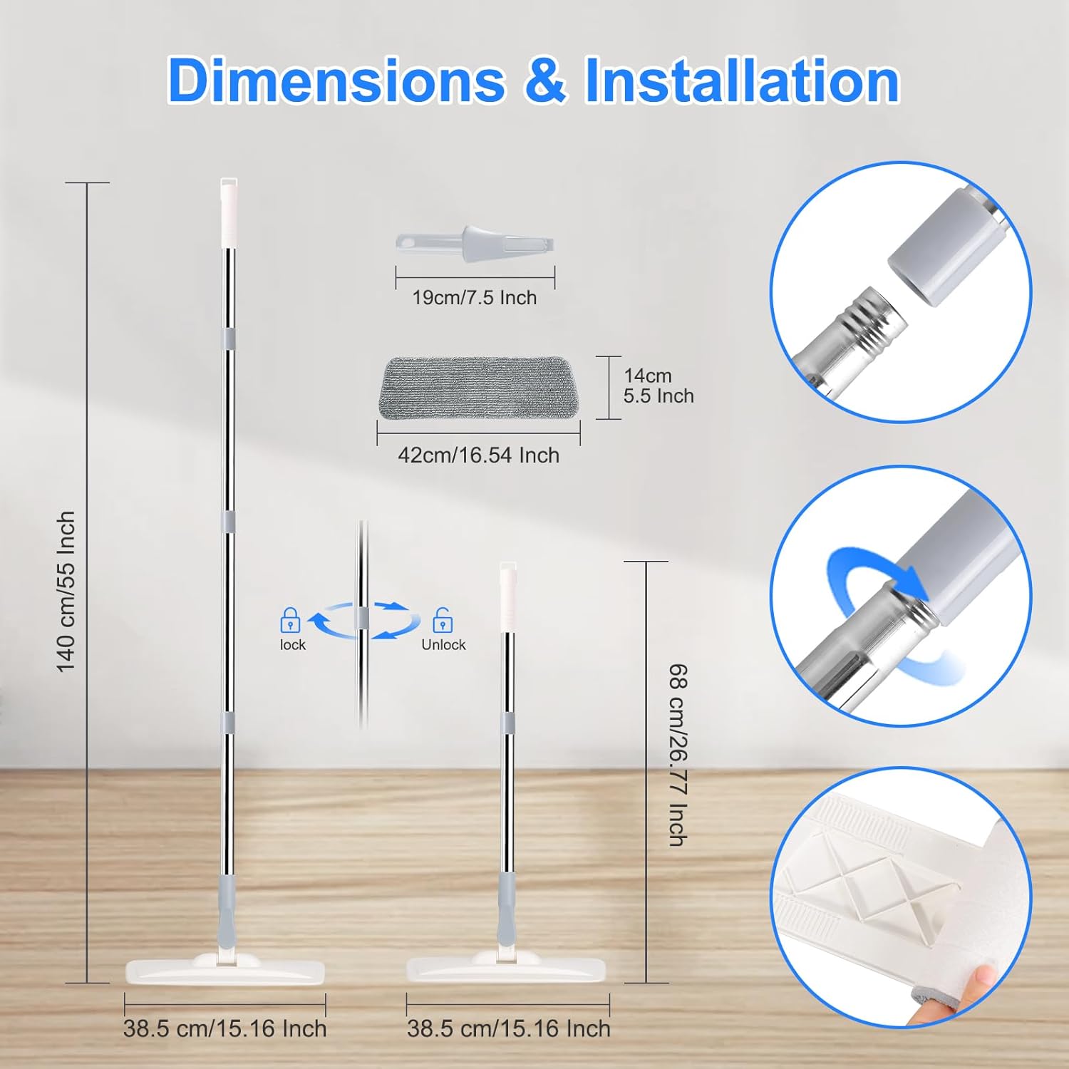 Microfiber Mop for Cleaning Floors, 140CM Flat Wet Dry Dust Mop with 4 Washable Pads for Laminate Hardwood Wooden Wall Hard Bathroom Kitchen - Image 2