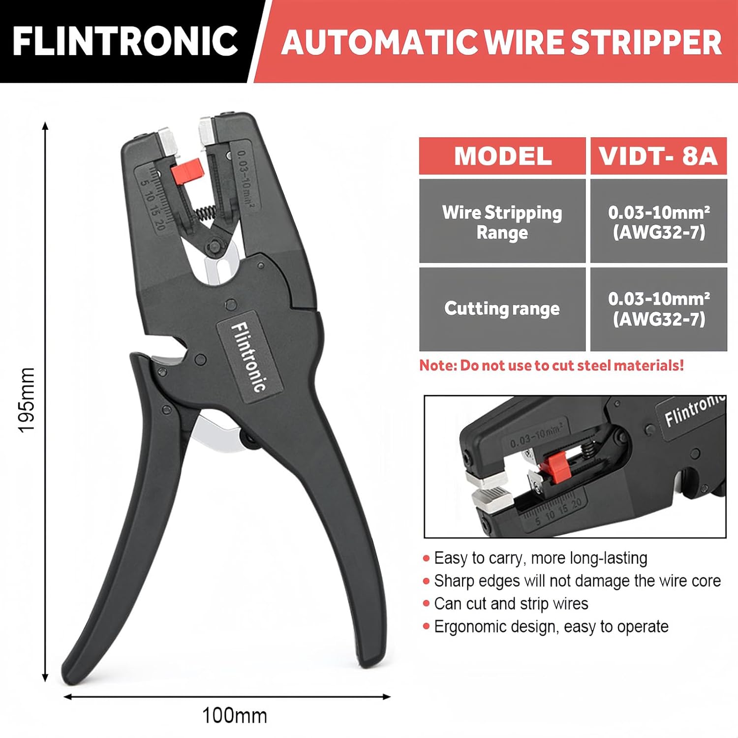 Flintronic Automatic Wire Stripper, Adjustable Cable Stripping Tool, Multifunctional Wire Cutter, with Self-Adjusting Jaws, for Industrial and Home Automotive Electrical Repair(for 7-32 AWG Cables) - Image 2
