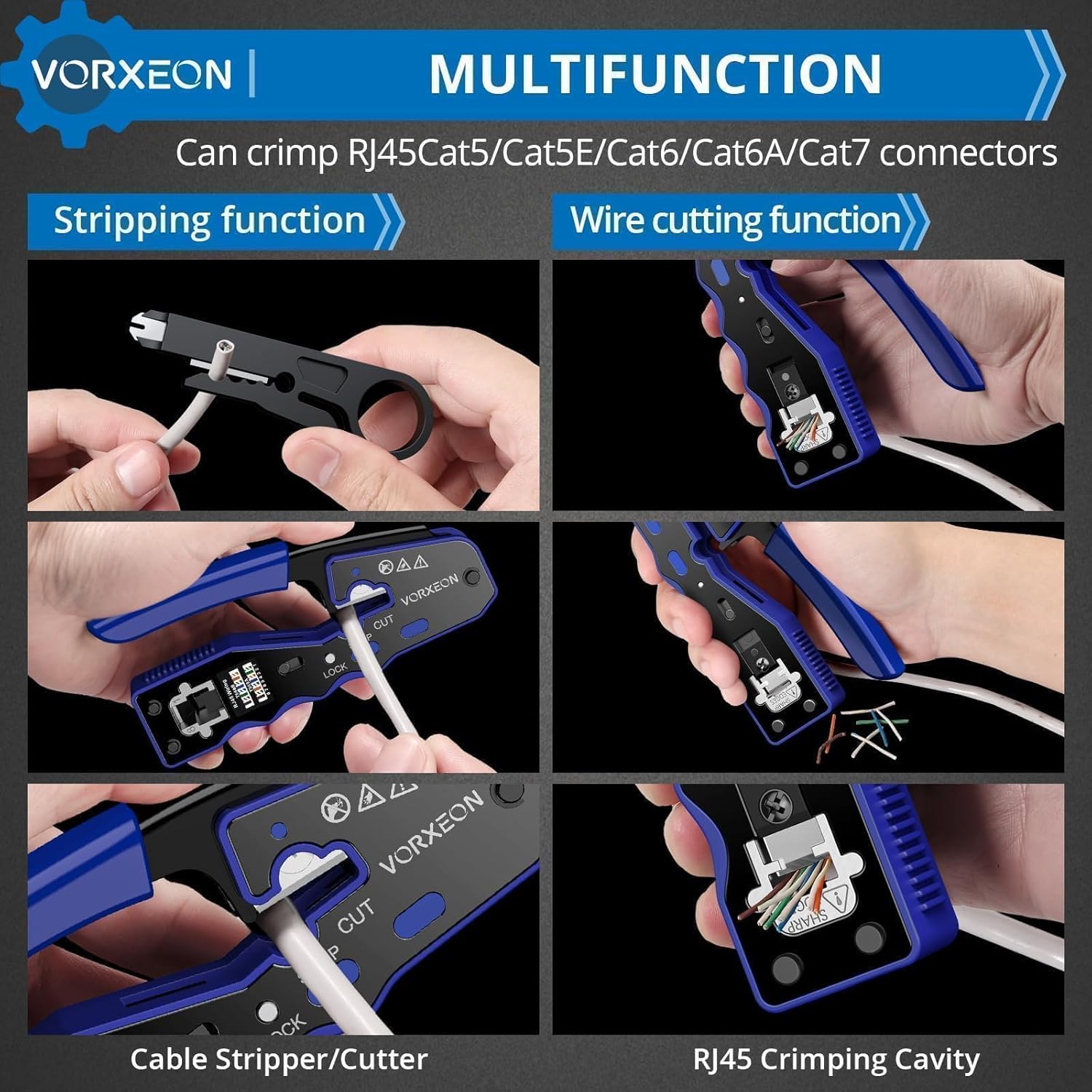 RJ45 Crimp Tool Kit Ethernet Cat 6 Crimping Tool Pass Through RJ45 Crimper with Mini Wire Stripper, 50Pcs RJ45 Cat6 Pass-Through Crystals - Image 3
