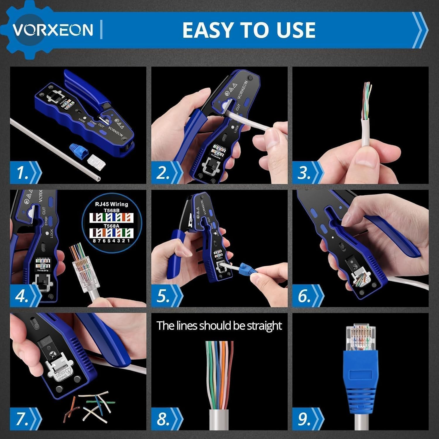 RJ45 Crimp Tool Kit Ethernet Cat 6 Crimping Tool Pass Through RJ45 Crimper with Mini Wire Stripper, 50Pcs RJ45 Cat6 Pass-Through Crystals - Image 5