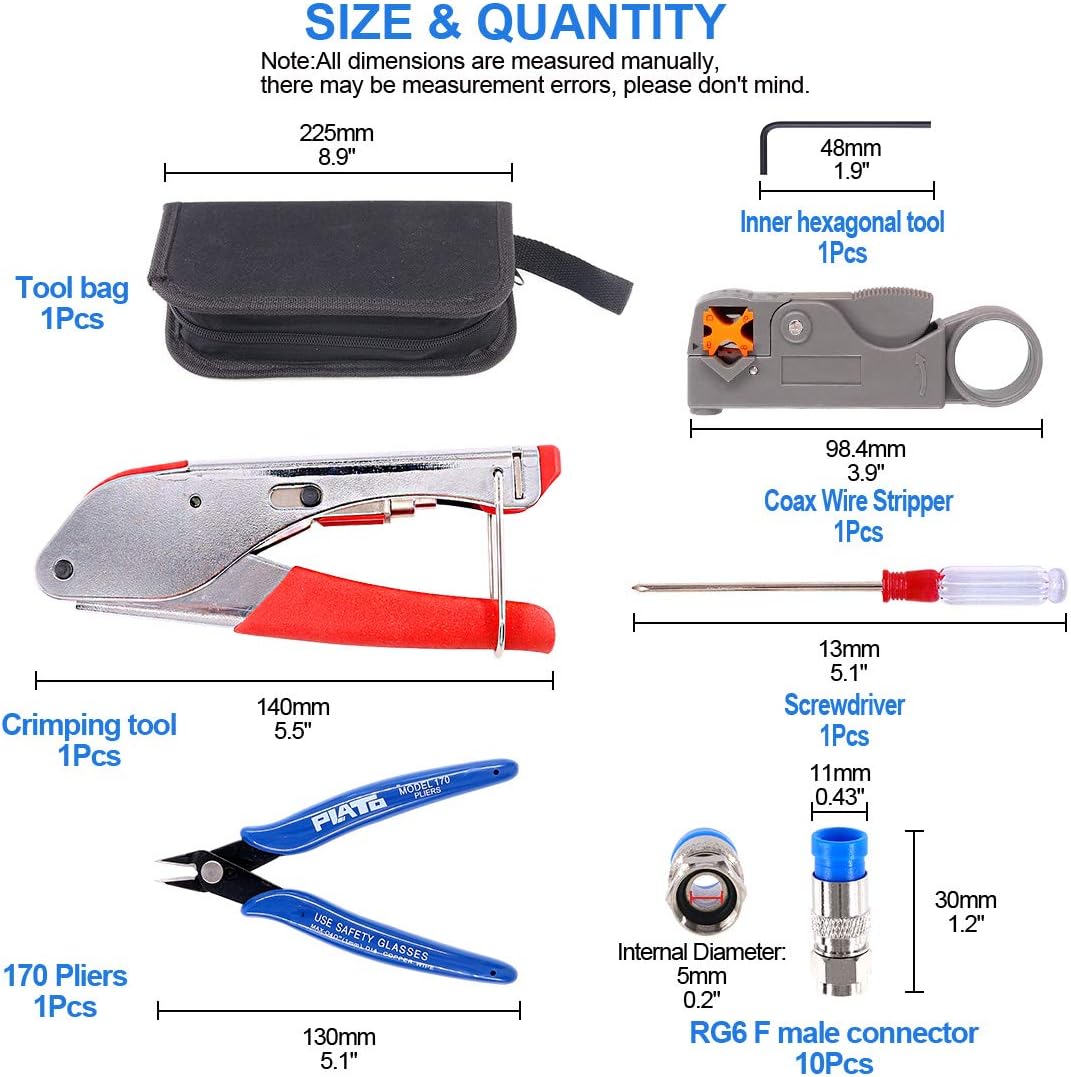 Glarks Coax Cable Crimper Tool Kit, RG6 Coaxial Compression Crimping Tool with Double Blades Cable Stripper and Wire Cutter, with 10pcs F Compression Connector - Image 2