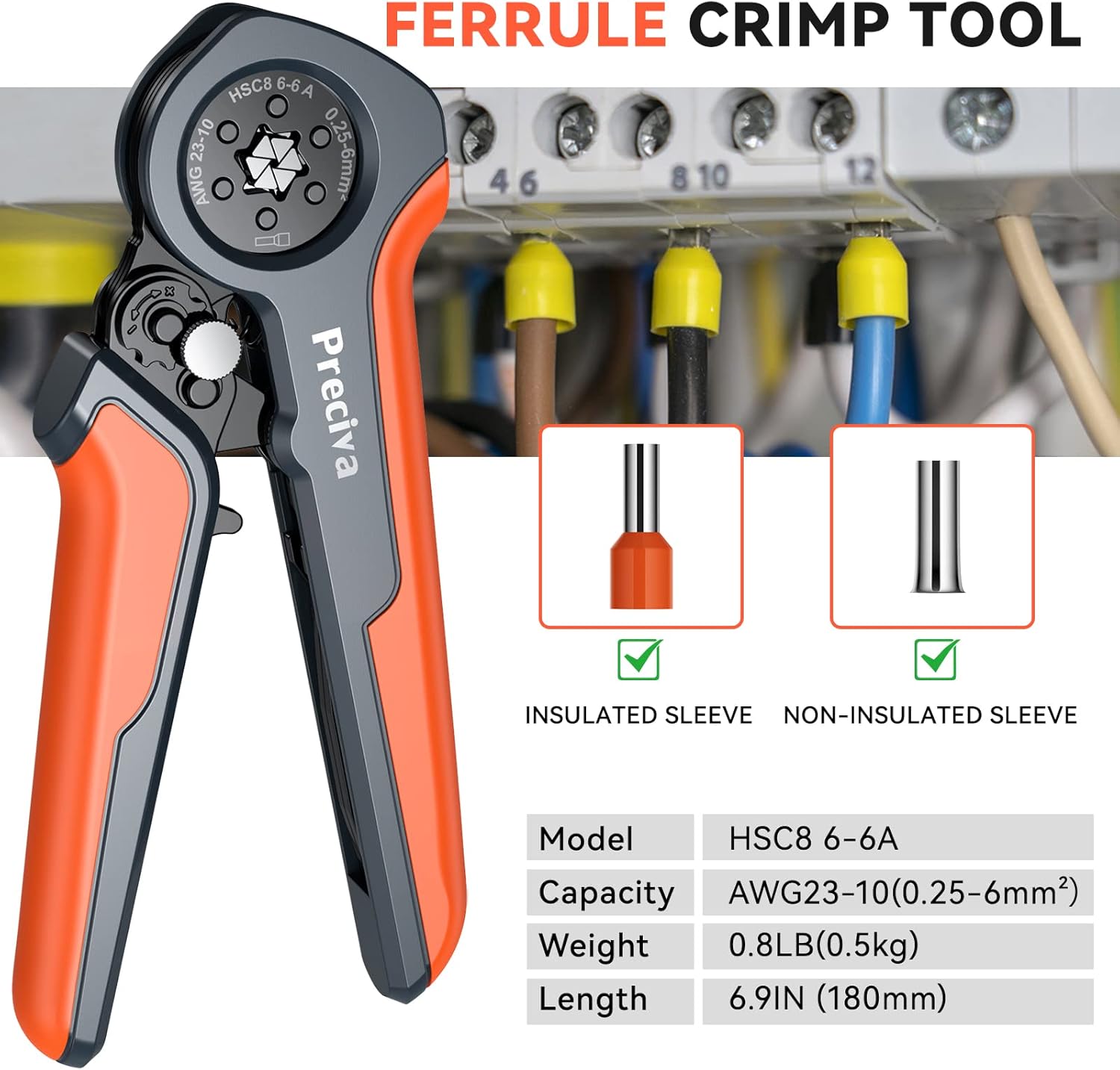 Preciva Ferrule Crimping Tool,0.25-6mm²/AWG23-10 Self-Adjusting Wire Crimper,Ratchet Crimp Tool for Household & Industrial Electrical Work - Image 4